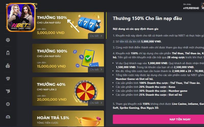 Khuyến mãi Nbet thưởng nạp lên tới 150%